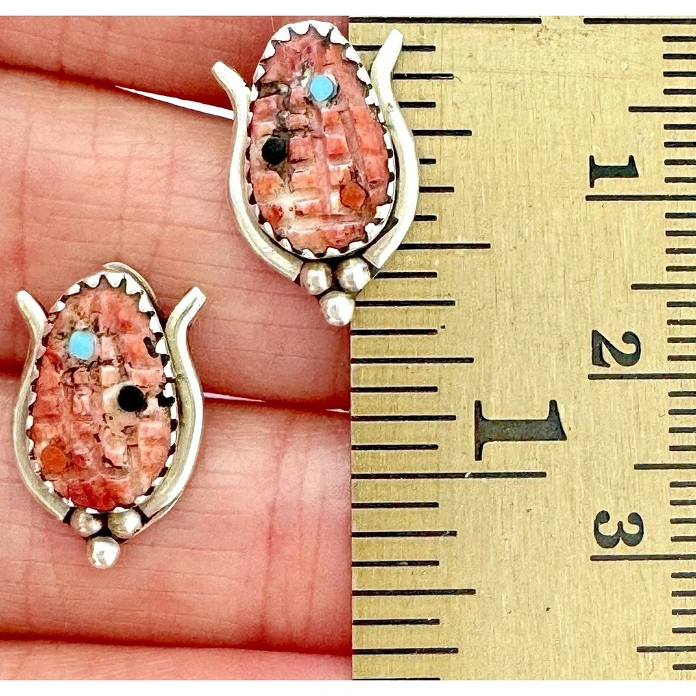 Zuni Corn‎ Stud Earrings SM Red Spiny Oyster Turquoise Sterling Signed Post